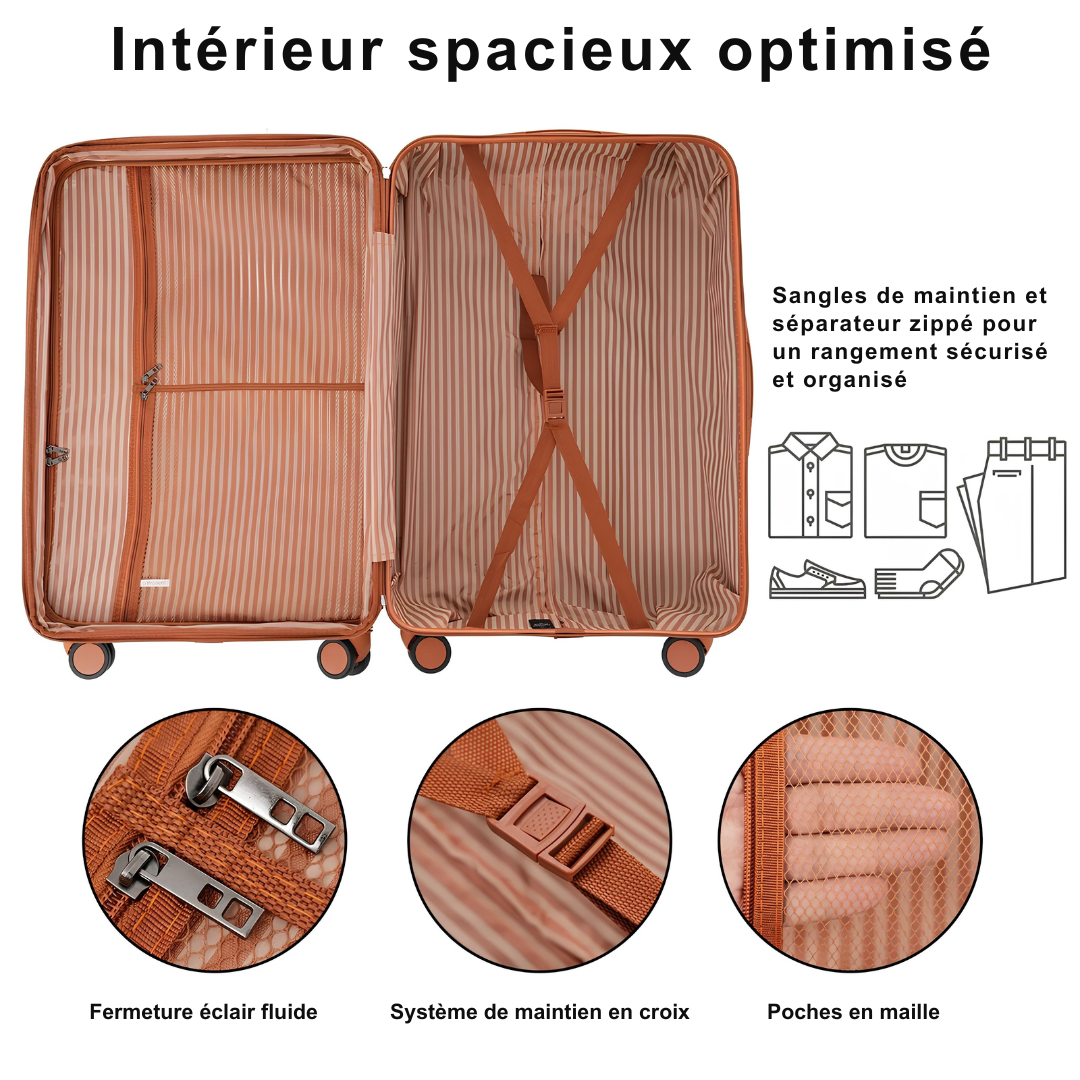 Intérieur spacieux de la valise, avec doublure rayée beige et marron, sangles de maintien en croix, poches en maille et compartiment zippé.