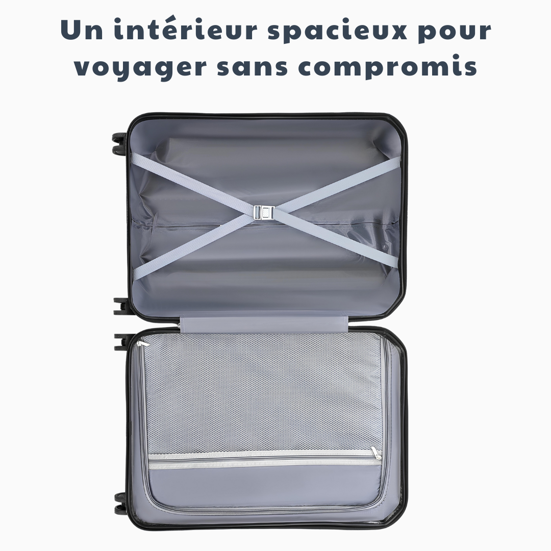 Vue intérieure d’une valise avec compartiment spacieux, sangles de maintien en croix et poche en maille zippée pour un rangement optimal.