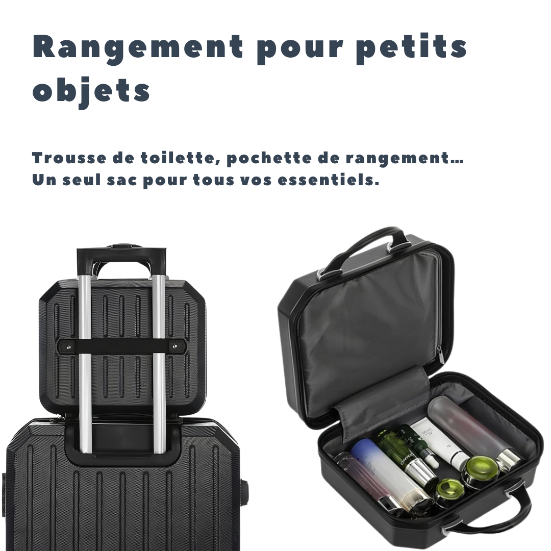 Trousse de rangement noire attachée à une valise, idéale pour stocker des petits objets, cosmétiques et essentiels de voyage.