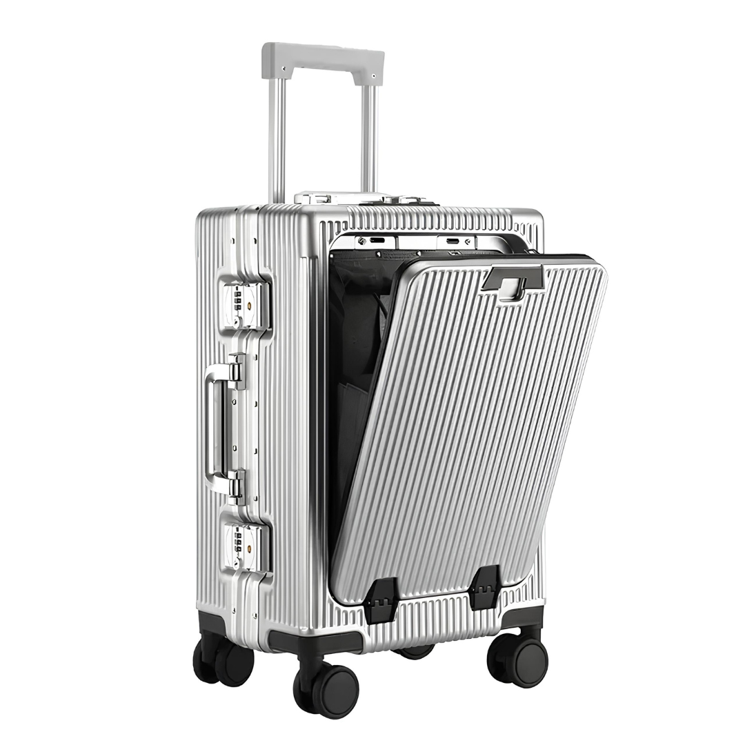 Valise rigide argentée avec coque en aluminium, ouverture frontale pratique, poignée ajustable et serrures sécurisées TSA.