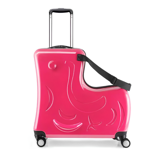 Valise pour enfant rose en forme d'animal avec une sangle de sécurité, une poignée télescopique et des roulettes pour un transport facile et ludique.
