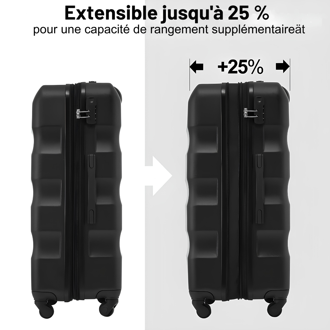 Illustration de la fonctionnalité extensible d’une valise rigide noire, offrant jusqu'à 25 % de capacité de rangement supplémentaire grâce à une fermeture zippée extensible.