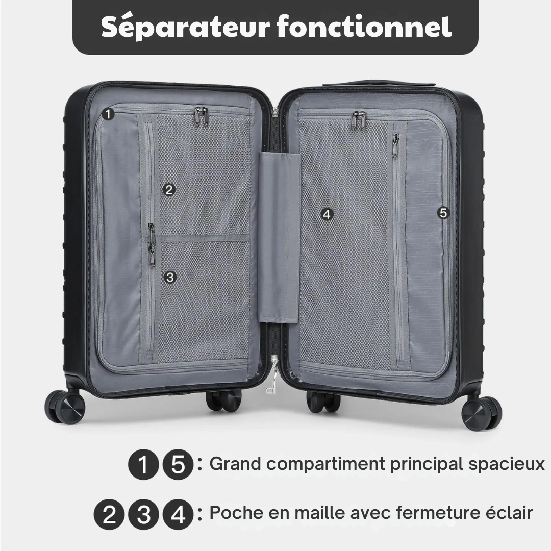 Vue intérieure d’une valise avec séparateur fonctionnel, grand compartiment principal spacieux et poches en maille zippées pour un rangement optimisé.