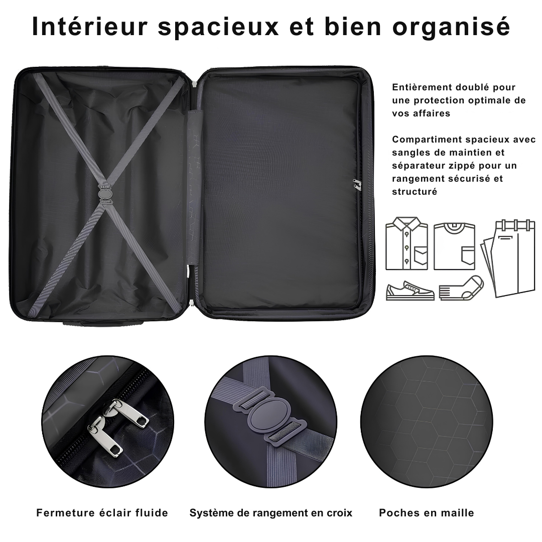 Vue intérieure d’une valise rigide avec doublure protectrice, compartiment spacieux équipé de sangles de maintien en croix, séparateur zippé et poches en maille pour un rangement structuré et sécurisé.