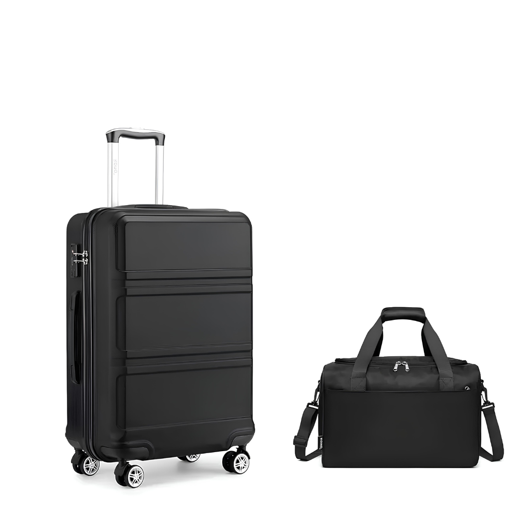 Valise rigide noire avec finition mate et roulettes pivotantes, associée à un sac de voyage noir pratique et élégant.