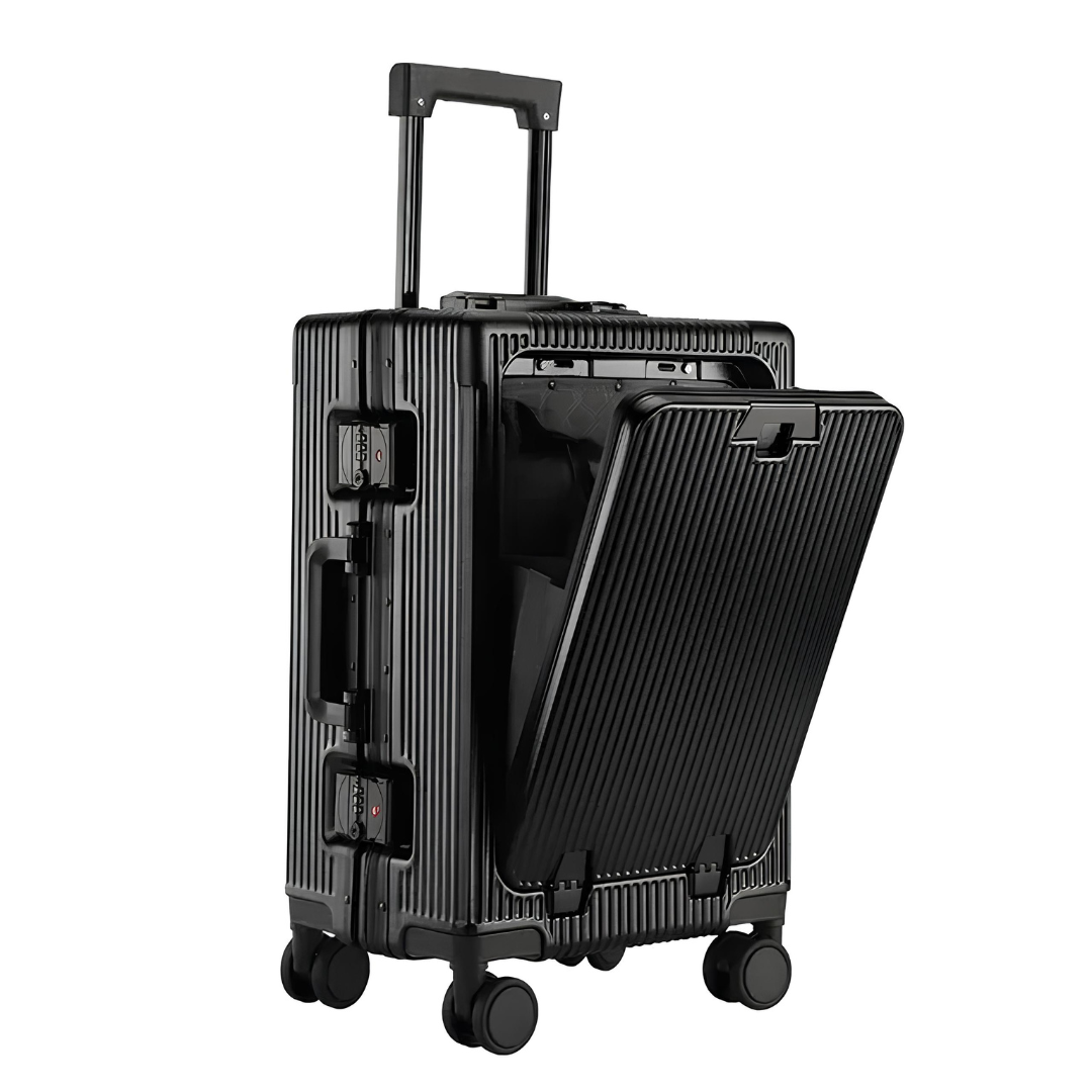 Valise noire rigide en aluminium, munie d’un accès rapide par ouverture frontale, de serrures sécurisées et d’un design moderne.