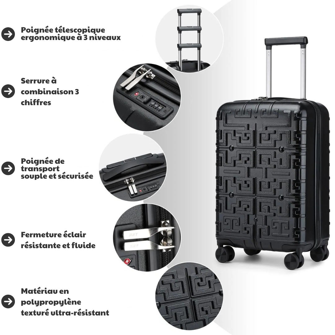 Valise rigide noire avec détails des fonctionnalités : poignée télescopique ergonomique à 3 niveaux, serrure à combinaison 3 chiffres, poignée de transport sécurisée, fermeture éclair résistante et matériau en polypropylène texturé ultra-résistant.