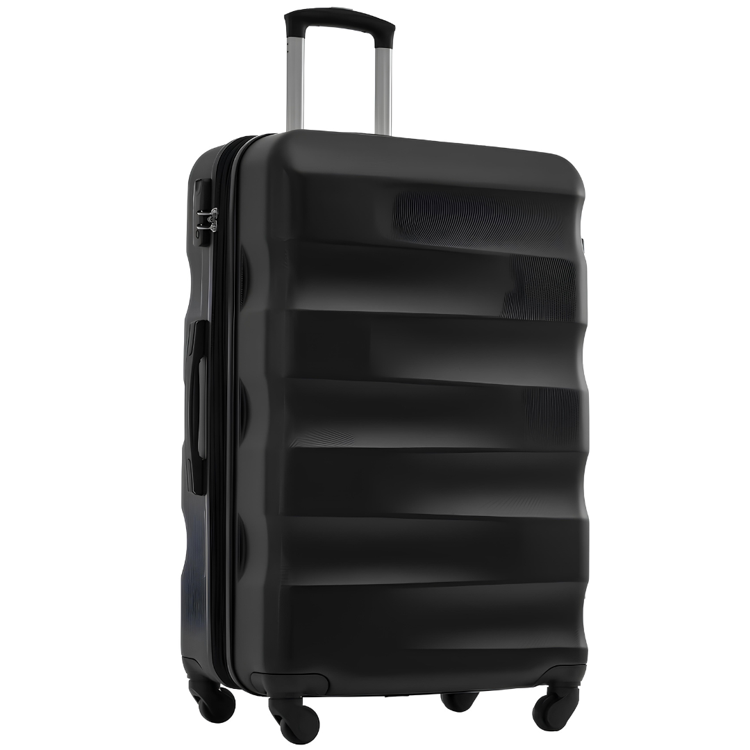 Valise rigide noire avec un design ondulé, équipée d’une poignée télescopique, de 4 roues pivotantes 360° et d’une fermeture sécurisée.