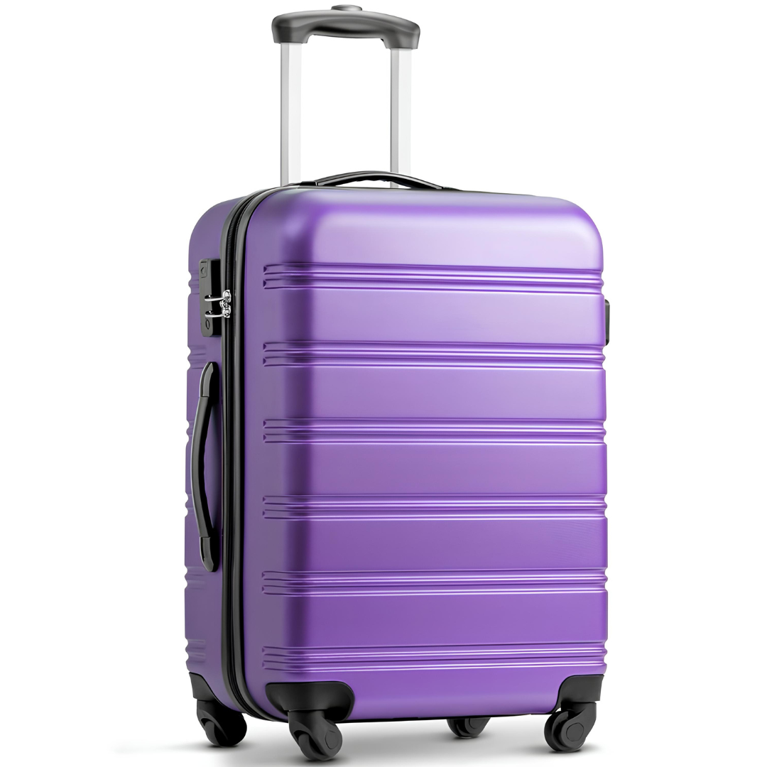 Valise rigide violette avec poignée télescopique et roues pivotantes 360°, offrant un design moderne et une grande capacité de rangement.