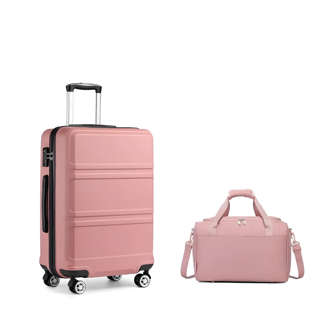 Valise rigide rose avec poignée télescopique et quatre roues pivotantes, accompagnée d’un sac de voyage assorti avec bandoulière.