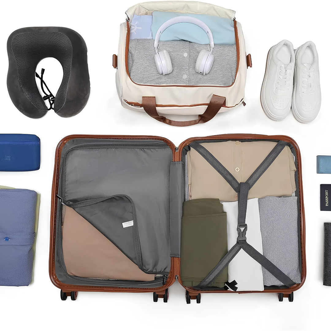 Valise et sac de voyage ouverts, montrant un rangement optimisé avec vêtements, accessoires de voyage et objets essentiels bien organisés.