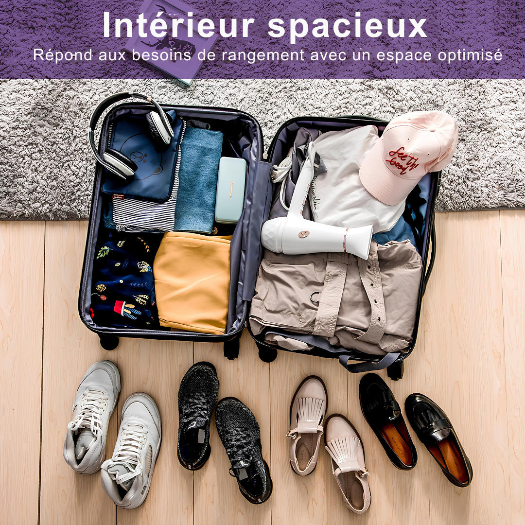 Vue intérieure d’une valise violette ouverte, illustrant son grand espace de rangement optimisé pour organiser vêtements, accessoires et chaussures.