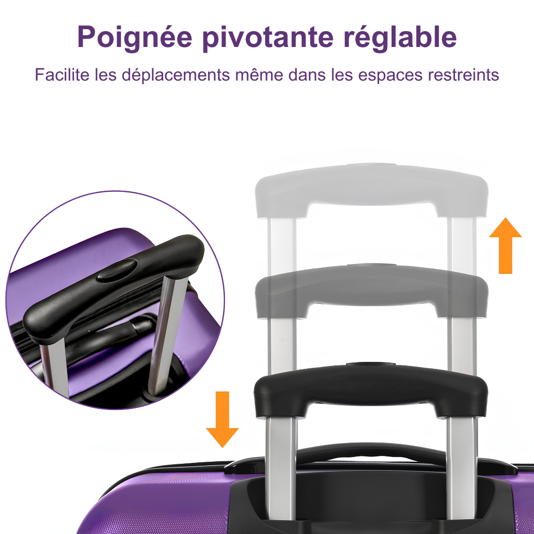 Gros plan sur la poignée télescopique pivotante et réglable d'une valise violette, facilitant les déplacements même dans les espaces restreints.