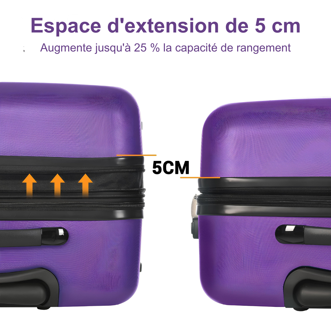 Illustration de la fonctionnalité extensible d’une valise rigide violette, augmentant la capacité de rangement jusqu'à 25 % grâce à une extension de 5 cm.