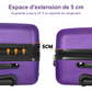 Illustration de la fonctionnalité extensible d’une valise rigide violette, augmentant la capacité de rangement jusqu'à 25 % grâce à une extension de 5 cm.